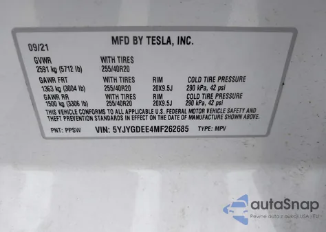 2021 Tesla Model Y Long Range Dual Motor All-Wheel Drive from USA, damaged, VIN 5YJYGDEE4MF262685